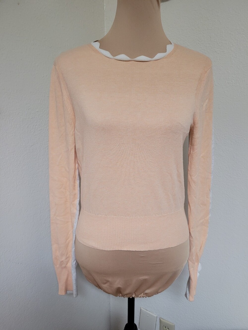 See By Chloé Peach Crewneck Long Sleeve Top with White Scalloped Trim